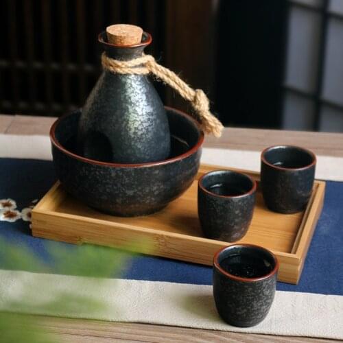 Japanese sake set household ceramic liquor cup antique wine distributor yellow rice wine pot bamboo tray antique small wineware