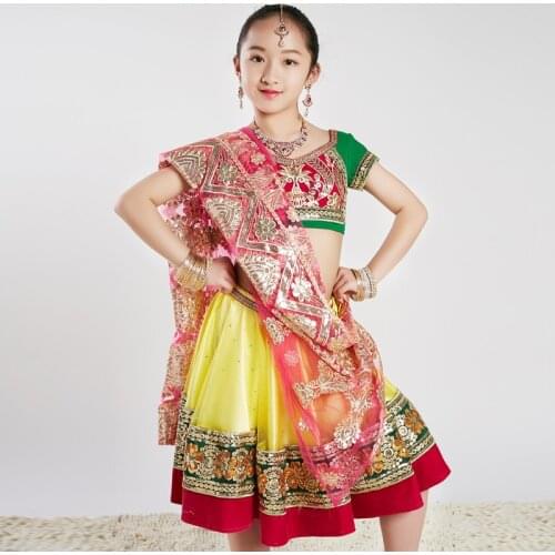 2021 New Summer Bollywood Dance Stage Performance Clothes For Girls Indian Dance Practice Clothing Kids Belly Dance Suit DQL5167