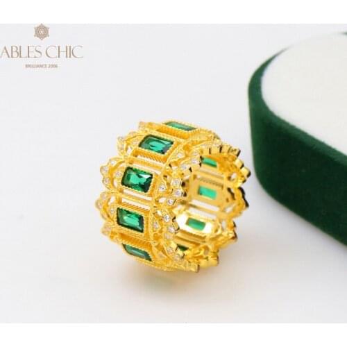 925 Silver 18K Gold Tone Oblong Emerald Wedding Rings Zircon Luxury Paved CZ Bridal Wide Band Renaissance Retro Fine Jewelry