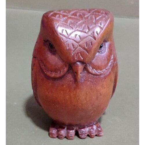 Q4339 - 2" Hand Carved Japanese Boxwood Netsuke Figurine Carving - Owl