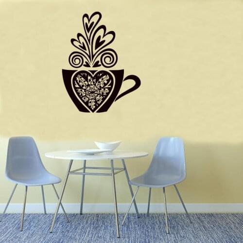 Romantic Love Coffee Tea Cup Heart Wall Sticker Vinyl Kitchen Cafe Interior Design Wall Decals Home Decor Poster Wallpaper
