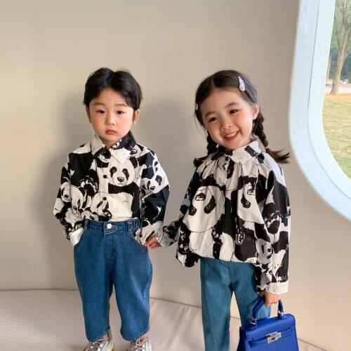 Spring 2021 Fashion Kids Boys Girls Panda Printing Long Sleeve Shirts Brother and sister Casual Shirt Tops Clothing