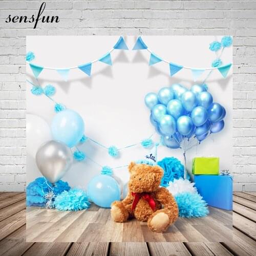 Sensfun Bear Balloon Bunting Baby Children Birthday Party Backdrop For Photo Studio Sky Blue Custom Backgrounds Photocall Vinyl