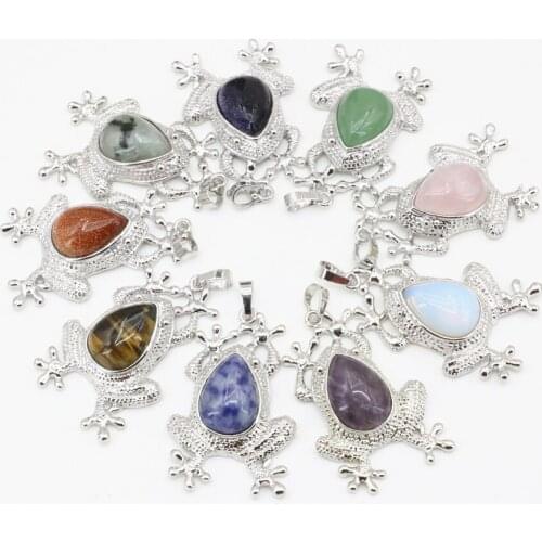 Charms 29x45mm Natural Stone Pendant Jewelry Making Animal Frog Shape Opal Crystal Dalmation Sandstone Beads Inlay Finding B3296