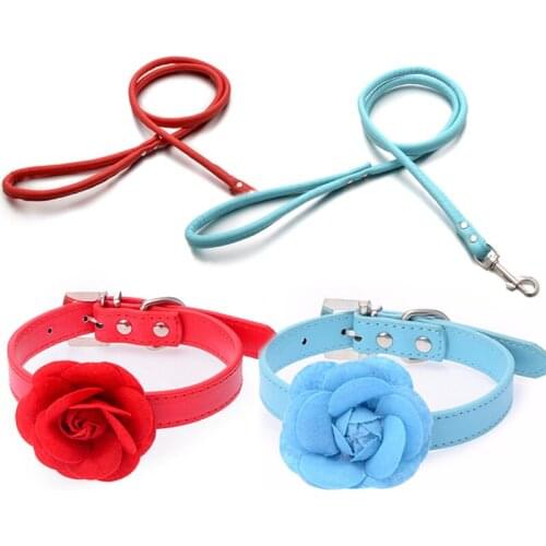 Pet Dog Supply Cute Sweet PU Leather Leads Rose Flower Small Pets Dog Collar Leash Set For Party Wedding Carnival