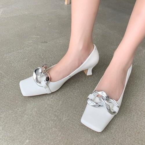 Womens Square Toe Metal Chain Kitten High Heel Pumps Shoes Low Top Genuine Leather OL Real Leather 3Colors New