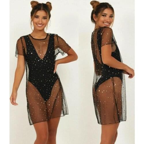 UK 2020 Sexy Womens Mesh Fishnet Beach Bikini Cover Up See Through Short Sleeve Swimwear Bathing Suit Beach Dress Black S-XL