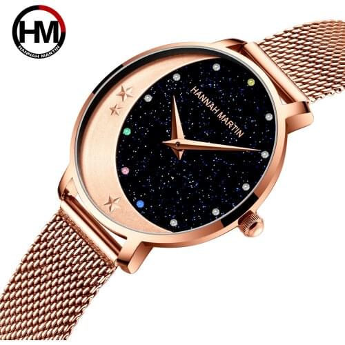 Japan Quartz Movement High Quality Hannah Martin Women Stainless Steel Mesh Rose Gold Waterproof Ladies Watch Dropshipping