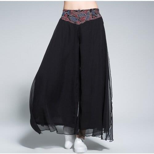 Chinese Style Femme Pantalones Mujer Trousers Women Autumn Spring Bohemian Ethnic Loose Embroidery Chinese Wide Leg Pants FF2912