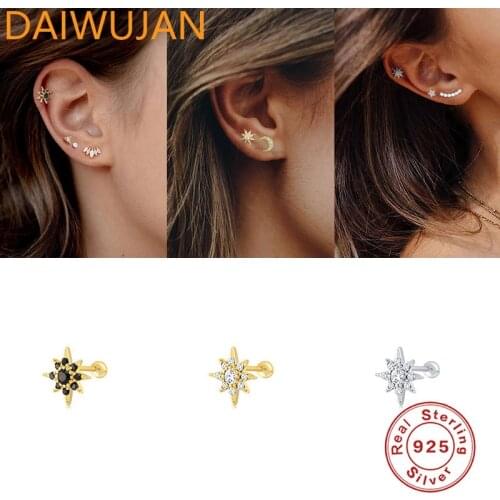 100% 925 Sterling Silver Single Star Screw Thread Piercing Earring Gold Plated White/Black Zircon Ear Studs Earrings For Women