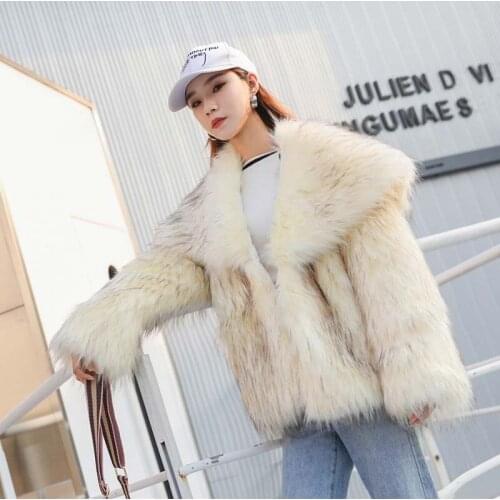 Womens fur coat imitation fox fur short coat hair large collar coat plush velvet thick woven temperament imitation fur NUW642