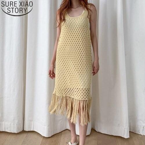 Sleeveless Vest Camisole Dress Women Summer Hollow Crochet Design Casual Knitted Dress Fashion Tassel Straight Dresses 15037