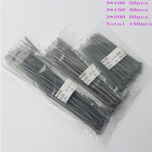 150pcs 3x100 3x150 3x200mm Assorted Self-locking Nylon Cable Ties Black Plastic Zip Tie Loop Wire Wrap Zip Ties