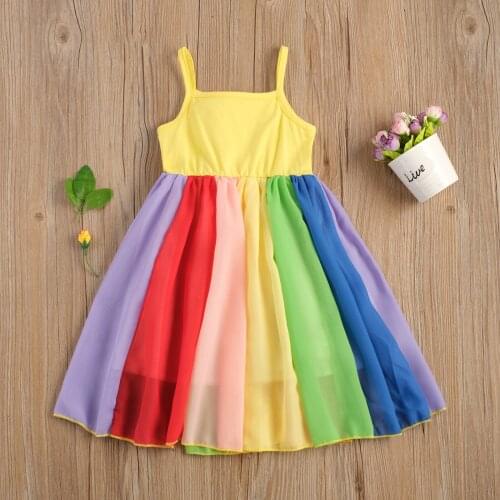 Children Rainbow Color Sling Dress Baby Girls Sleeveless Square Collar High Waist Sundress for Summer Girls Casual Dresses