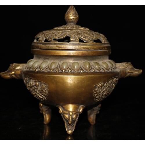8"Chinese temple collection Old Bronze mosaic gem Three elephant feet Double Dragon Ear incense burner Ornaments Town House