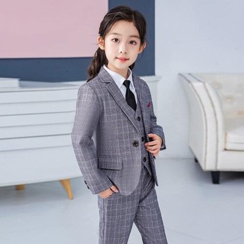 Teen Childrens Clothing Suits Kids Boys Girls Performance Sets Fashion Plaid Vest Shirt Blazer Pants Tie 5pcs Set For Big Child