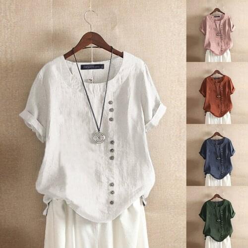 Summer Loose T Shirt Women Casual Cotton Linen Tees Shirts O Neck Button Tee Tops Solid Color Short Sleeve T-Shirt Plus Size