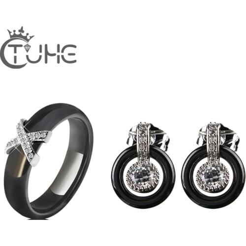 Fashion Jewelry Sets Women Trendy Silver Color Ceramic Crystal Round Shape Stud Earrings X Cross Rings Bridal Jewelry Sets