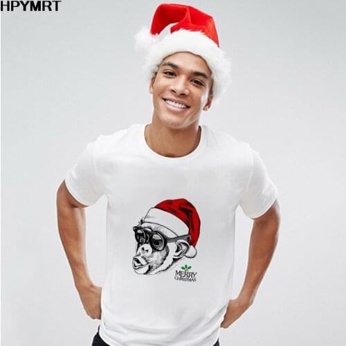 New Cute Gorilla with Christmas Hat T-shirt O-neck White T Shirt Male Clothes Vogue Top Tshirt Print Women Short Sleeve Tee Men