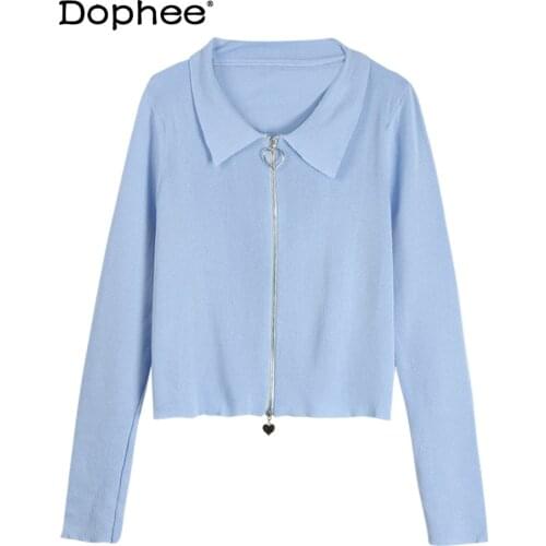 2021 Early Spring New Long Sleeve Zipper Top Short Knitwear Thin Top Womens Clothes Solid Colour Cardigan All-match Sweater