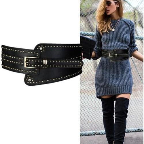 New Cummerbunds Female Woman Belt Pu cummerbund wide Womens elastic Belts punk rivet Fashion dress waistbands lady