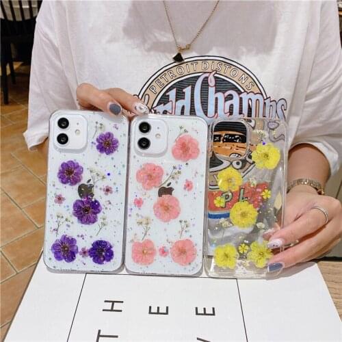 Luxury Glitter Real Dry Flowers Case For iPhone 11 12 Pro Max 12 Mini 8 7 Plus X XR XS Max SE 2020 Clear Shockproof Back Cover