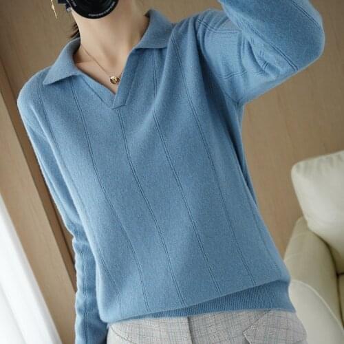 Smpevrg Winter Womens Sweater Long Sleeve Turn-Down Collar 100% Wool Knitted Sweaters Woman Pullover Female Jumper Clothes Tops