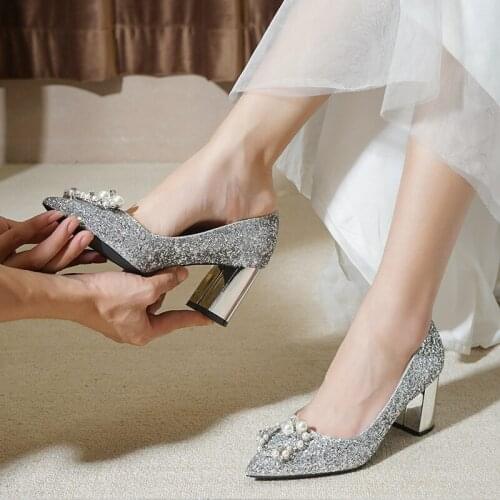 Wedding Shoes Womens Chunky Heel New Winter Wedding Bridal Shoes Silver Paillette High Heel Crystal Shoes Dress Wedding Shoes