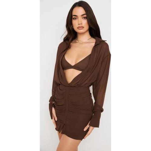 2021 spring and autumn womens youth personality street style house of CB new brown sexy top + chiffon long-sleeved dress suit