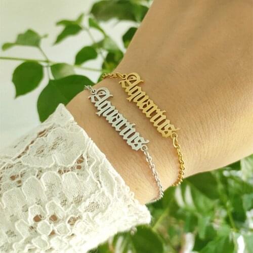 Zodiac Bracelet Old English Aquarius Letters Pulseras Mujer Gothic Jewelry Constellation Astrology Bracelets Women Birthday BGS