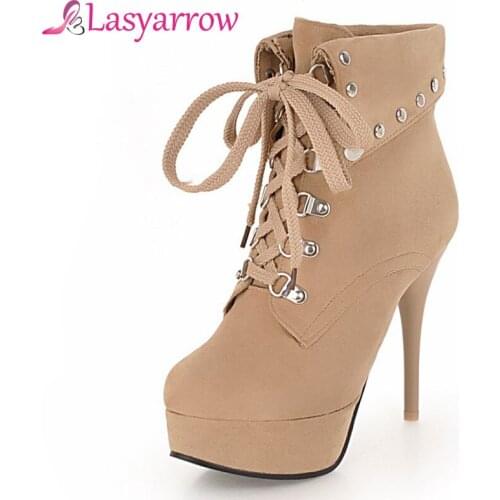 Lasyarrow Women Boots Winter Ankle Boots for Women Sexy High Heels Stilettos Bota Feminina Platform Boots Large Size 48 F284