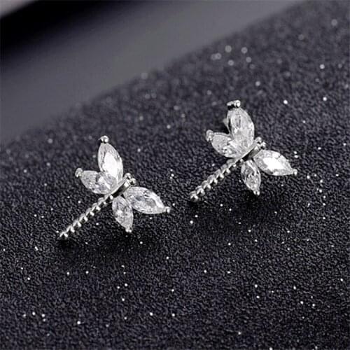 2021 New Korean Fashion Cute Small Animal Dragonfly Stud Earrings Tibetan Silver Cubic Zircon Stones Sweet Women Girls Ear Stud