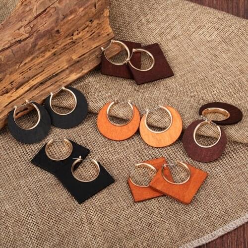 ZWC Fashion Vintage Geometry Statement Hollow Wood Drop Earrings For Women Brown Color Big Round Earring Brincos 2020 Jewelry