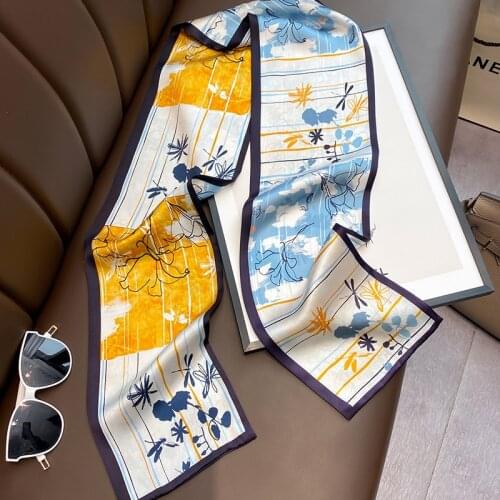 New fashion aesthetic flower picture long silk scarf female multi-function decorative scarf headband tie wrist strap bag belt