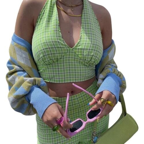 Womens Summer Sexy Sleeveless Halter Bandage Vest Backless Casual Fashion Plaid V-neck Exposed Navel Camisole