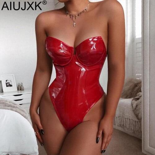 AIUJXK Sexy Club Off Shoulder Pu Leather Bodysuit Women Strapless Backless Red Black Body Top Ladies Party Tight Outfits