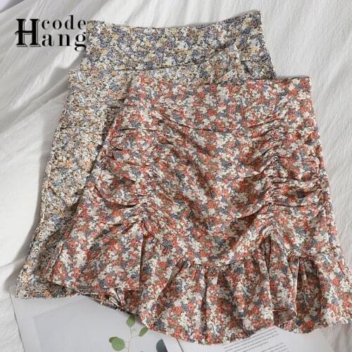 HangCode Korean Fashion Sweet Floral Print Folds Mini Dress 2021 Summer High Waist Ruffled Push Up Chiffon Women Skirts