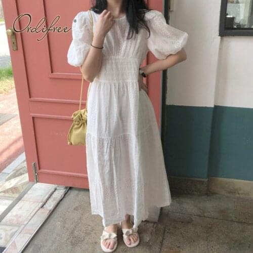 Ordifree 2021 Summer Women White Embroidery Dress Short Sleeve White Lace Long Tunic Beach Dress Vocation
