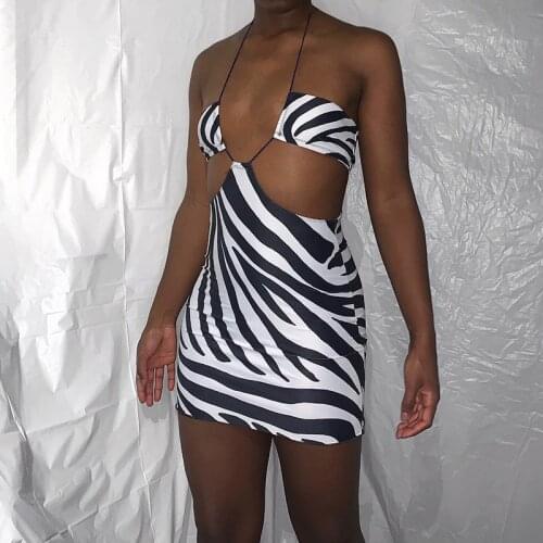 Women Sexy Hollow Out Dress, Black Zebra Stripe Printed Pattern Halter Neck S/ M/ L