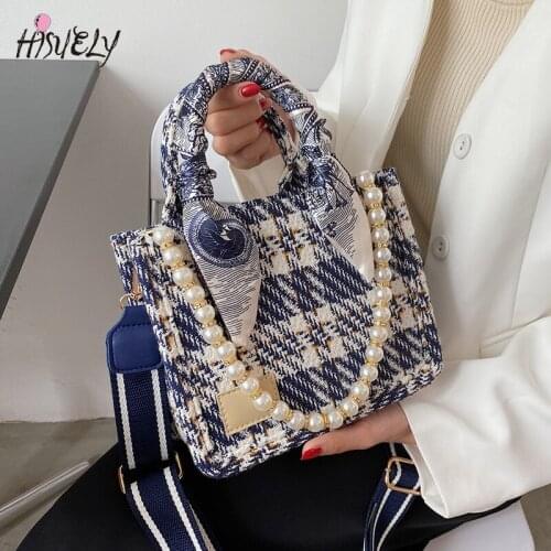 2021 Women 's Shoulder Bag Canvas Pearl Scarf Designer Crossbody Bag for Women Lady Purse and Handbag Luxury High Quality Totes