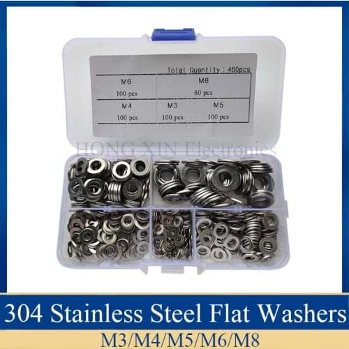 460Pcs/Set Flat washer M3/M4/M5/M6/M8 round stainless steel Flat ring seal kit