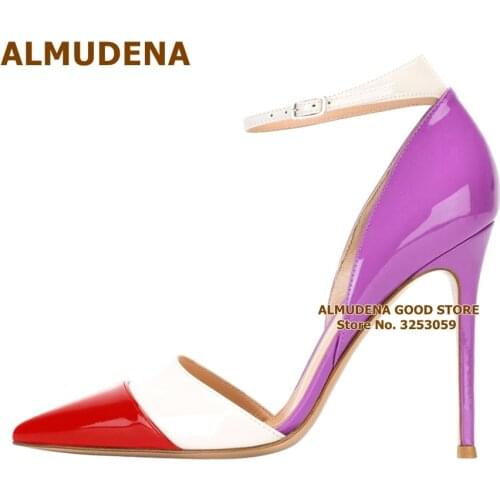 ALMUDENA Pink Heels Pointed Toe Pumps Candy Color Patent Leather Patchwork Dress Shoes 12cm Shallow Buckle Banquet Shoes Size46