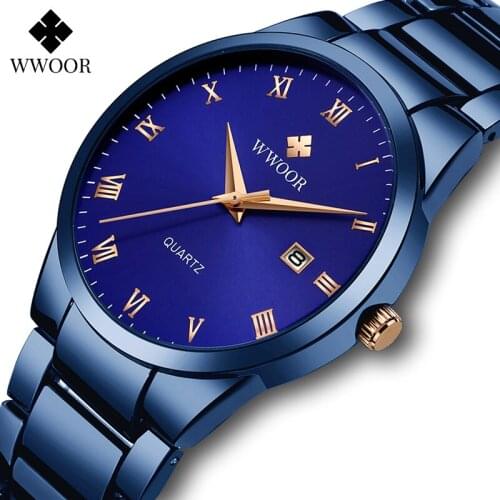 WWOOR Mens Watches Quartz Analog Automatic Date Japan Movement Waterproof Blue Stainless Steel Roman Man Wristwatch Reloj Hombre