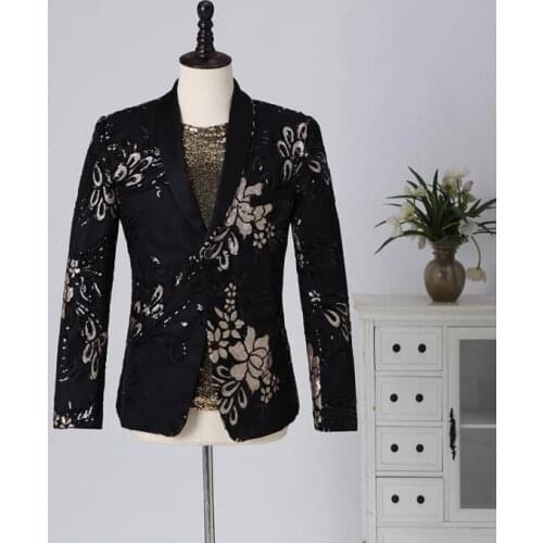 Black blazer men suit Sequins flower jackets mens wedding suits costume singer star style dance stage clothing formal dress B238