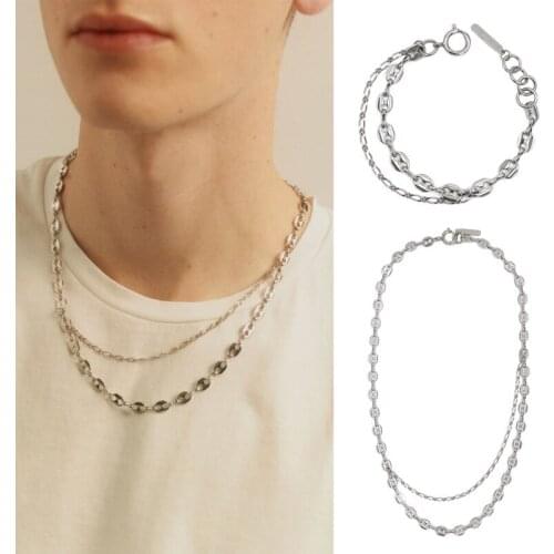 New jewelry silver pig nose long necklace bracelet set for men and women metal wind sweater chain