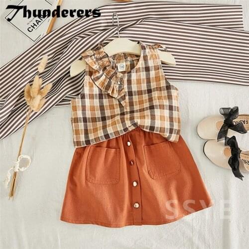 Thunderers Summer Fashion Kids Clothing Set Printed Plaid Shirt With Short Skirt Girl 2pcs Outfits Enfant Baby Clothes Suit