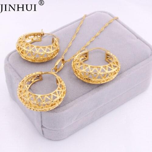Dubai 24K gold Jewelry sets for women France Ethiopia bridal wedding Party gifts Necklace and Earrings sets 45cm Pendant Nigeria