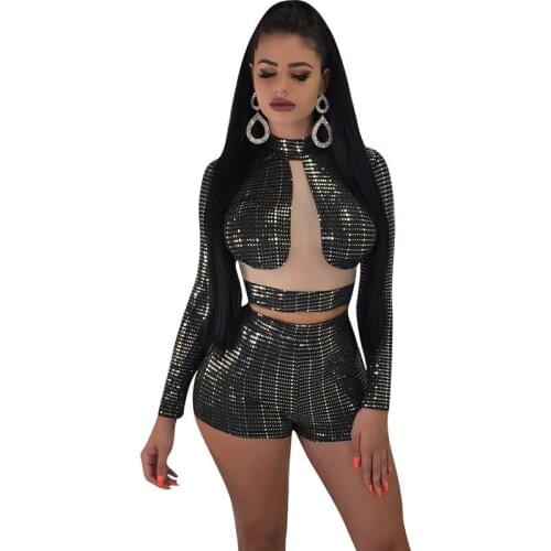 Autumn Winter Sexy Clubwear Two Piece Sets Women Patchwork Sheer Mesh Zip back Top and Shorts Sequin Party Matching Sets Outfits