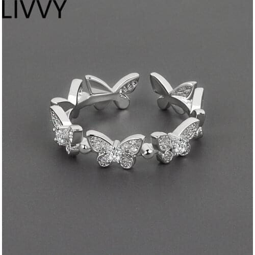 LIVVY New Fashion Silver Color Butterfly Zircon Rings Dainty Insect Rings for Women Girls Adjustable Fine Jewlery 2021 Trend