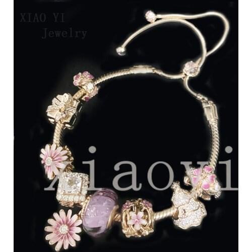 XIAOYI 2020 New rose color Pink flower gift box square crystal zircon beads fashionable for European women bracelet wedding